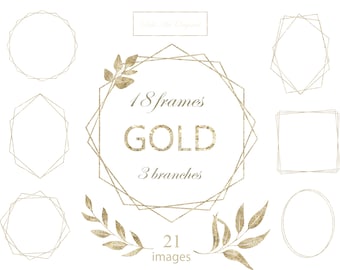 May include: A collection of gold geometric frames and leaf branches on a white background. The image includes the text "18 frames GOLD 3 branches 21 images". The frames are in various shapes, including circles, ovals, and polygons.