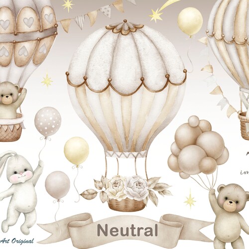 Hot Air Balloon Neutral Colors Teddy Bear Baby Shower Clipart - Etsy