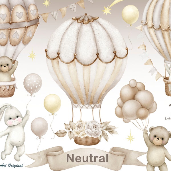Teddy bear neutral gender Hot air balloons,Baby shower, Baby bunny, Kite, clouds, brown Floral Clipart PNG Watercolor painting Clip art
