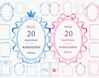 Könnte beinhalten: Aquarellrahmen in Blau und Rosa. Das Bild zeigt 20 handgezeichnete Aquarellrahmen in jeder Farbe, mit verschiedenen Formen und Designs. Die Rahmen sind oval, rechteckig und kreisförmig, mit dekorativen Elementen wie Kronen und Schleifen.