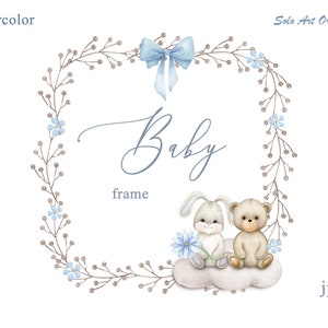 Teddybär Baby Junge Dusche Rahmen niedliche Tiere PNG JPEG Clipart Aquarell Rahmen mit blauen Blumen Kranz Clip Art Grußkarte