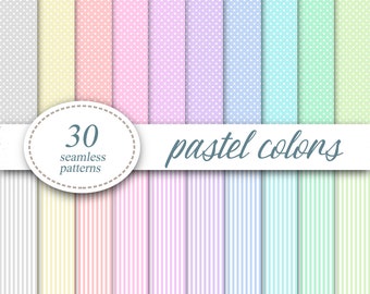 Polka dots Striped Pastel colors Digital Paper backdrop  Plain Seamless Patterns Pack of 30 sheets Textile design Scrapbooking background