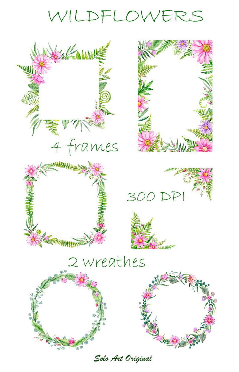 Pink Floral Clipart set Watercolor Wildflowers frame wreath arrangement bouquet flowers Clip art Wedding invitation Greeting card Scrapbook