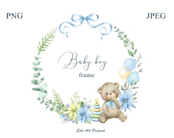 Teddy bear Baby boy shower Frame  PNG JPEG Clipart Watercolor frame with blue flowers  Wreath Clip art Greeting card Scrapbooking