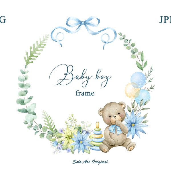 Orsacchiotto Baby boy doccia Cornice PNG JPEG Clipart Cornice acquerello con fiori blu Ghirlanda Clip art Biglietto di auguri Scrapbooking