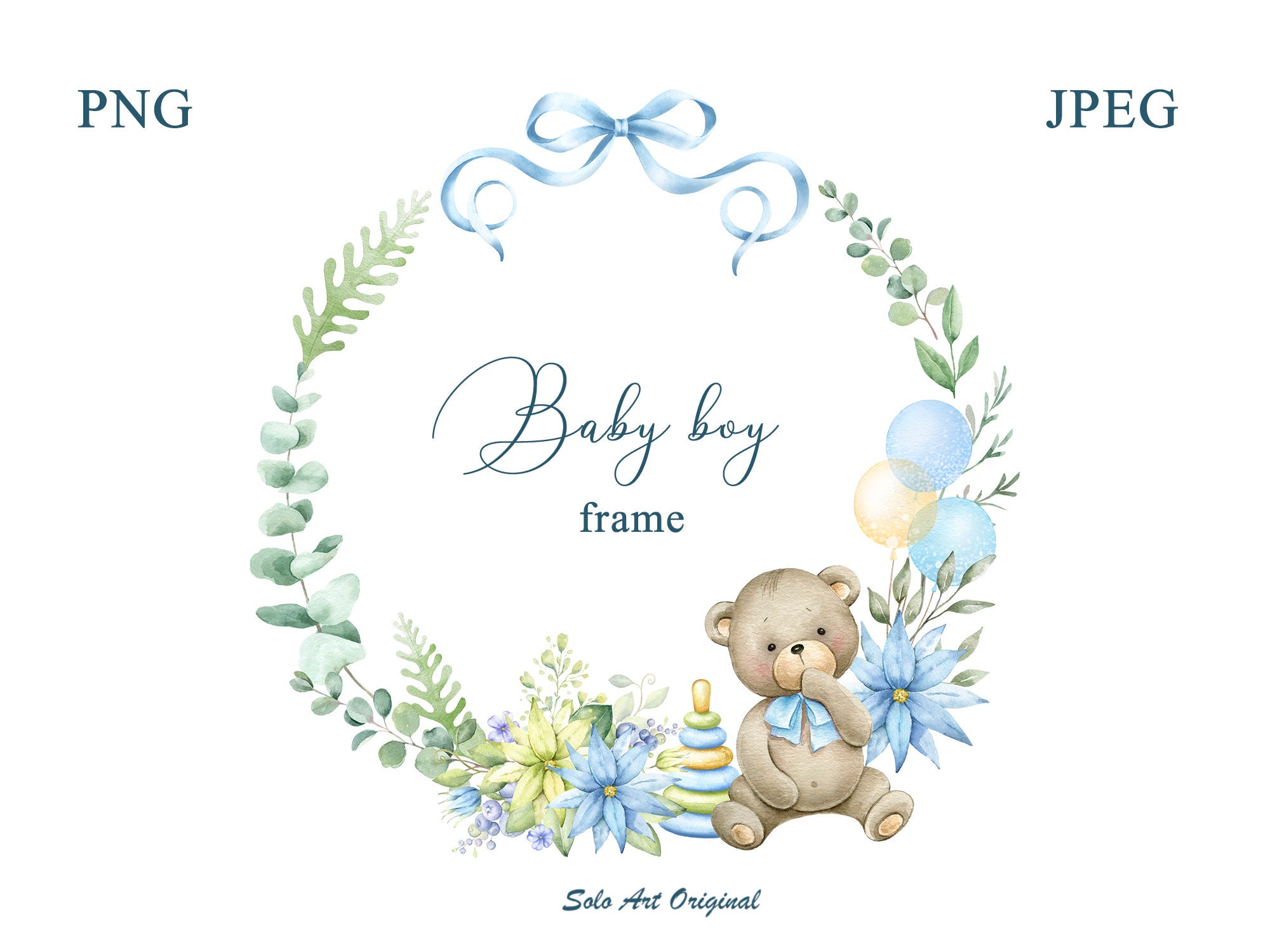 Teddy Bear Baby Boy Shower Frame Png Jpeg Clipart Watercolor - Etsy