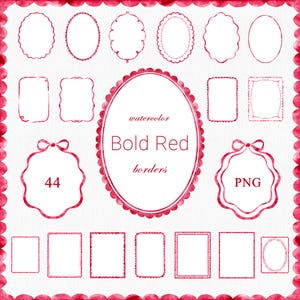 Red Watercolor Frames Borders Clipart,Wavy Scalloped Oval and Rectangle Labels, 44 PNG
