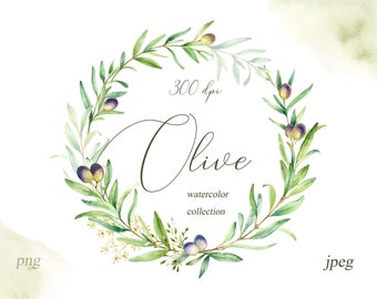 Olive tree Clipart Greenery Wreath Wedding Floral  Botanical  Watercolor frame PNG JPEG Leafy Wedding invitation Greeting card Scrapbooking