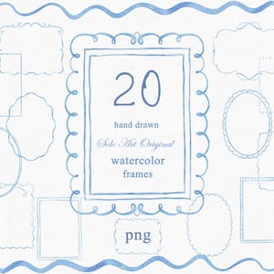 Marcos caprichosos de acuarela azul PNG: bordes ondulados y remolinos dibujados a mano para invitaciones, Canva, bodas, baby showers y revistas.