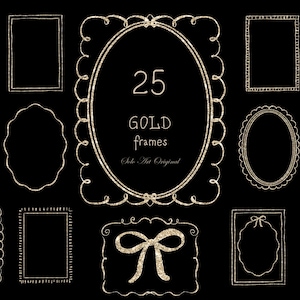 May include: A collection of 25 gold-coloured frames with various shapes and decorative borders on a black background. The central oval frame features the text 25 GOLD frames Solo Art Original. The designs include rectangular, oval, and scalloped edges.