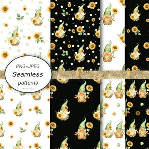 Padrão sem emenda de gnomos fofos/fundo de girassóis/papel digital floral/arte em aquarela/cartão de felicitações/álbum de recortes