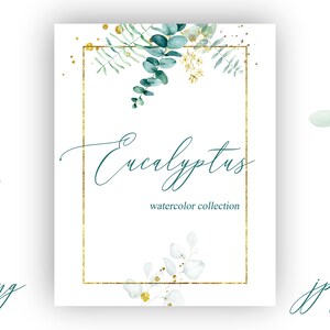Eucalipto Clipart cornice ramo oro Verde Ghirlanda Matrimonio Floreale Botanico Acquerello PNG JPEG Fogliame Invito a nozze Biglietto di auguri