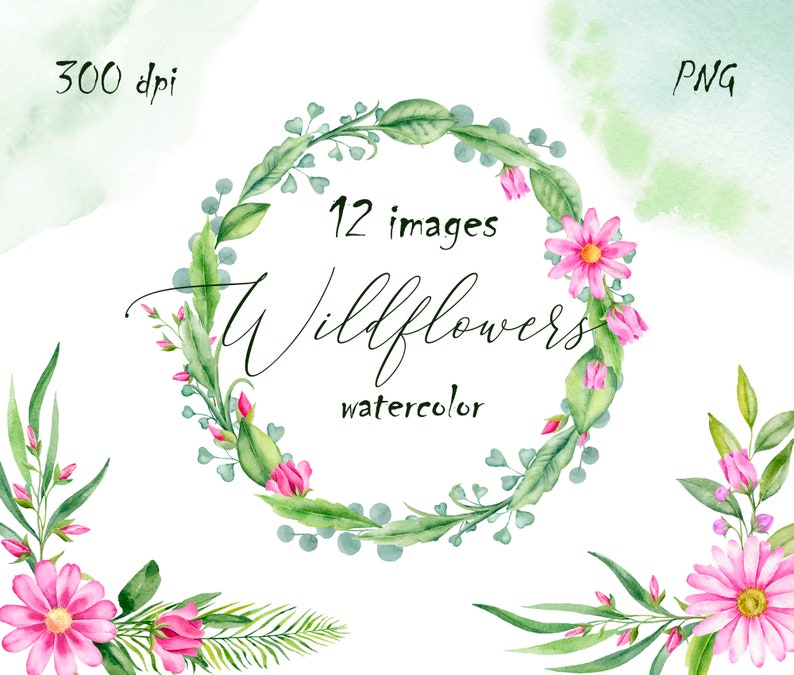 Pink Floral Clipart set Watercolor Wildflowers frame wreath arrangement bouquet flowers Clip art Wedding invitation Greeting card Scrapbook