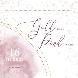 Gold Frames Borders Pink Watercolor Clipart Set - Wedding Invitation Graphics (PNG, JPEG)