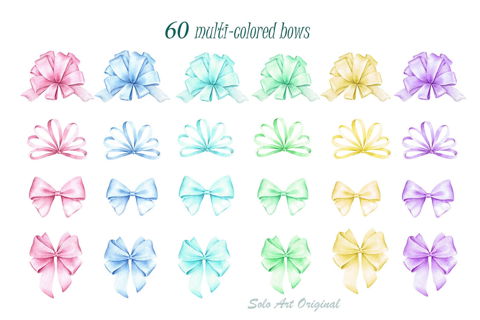 Multi-colored Bows Clipart Set Watercolor Individual Elements - Etsy