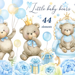 Bébé garçon petit ours douche fleurs bleues Clipart bébé nouveau-né PNG peinture à l'aquarelle clipart verdure feuilles tropicales carte de voeux