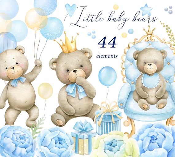 Baby Boy Little Bear Shower Blue Floral Clipart Baby Newborn Etsy