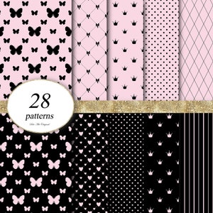 Padrões geométricos femininos glamour rosa Papel digital para impressão em papel de álbum de recortes. Padrões sem costura. Papel digital aquarela. Fundo preto