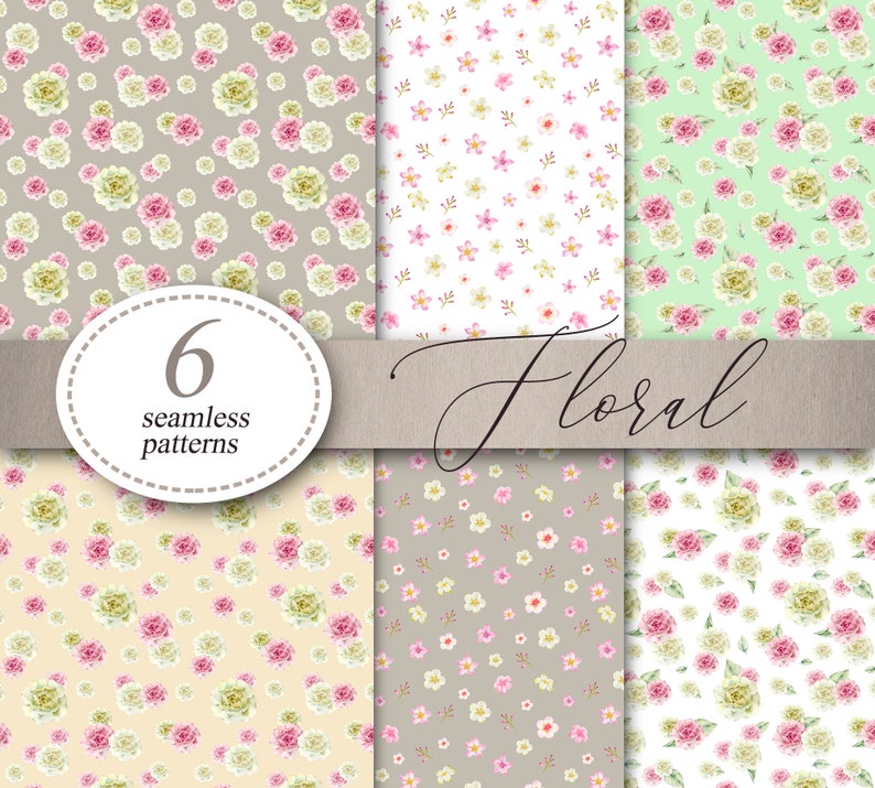 Floral Flowers patterns Digital Paper Seamless Patterns Pink roses Pack of sheets Watercolor painting Scrapbooking background