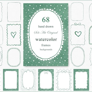 May include: A collection of 68 hand-drawn watercolor frames and backgrounds in various shapes and styles. The frames are outlined in a teal green color and include hearts, bows, and dotted patterns. The central design features an oval frame with the text "68 hand drawn Solo Art Original watercolor frames backgrounds."