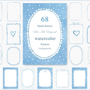 May include: A selection of 68 hand-drawn watercolour frames and backgrounds in various shapes, including oval, rectangular, and scalloped edges. The frames are outlined in a light blue colour, with a blue polka dot background. The text in the centre reads "68 hand drawn watercolour frames backgrounds".