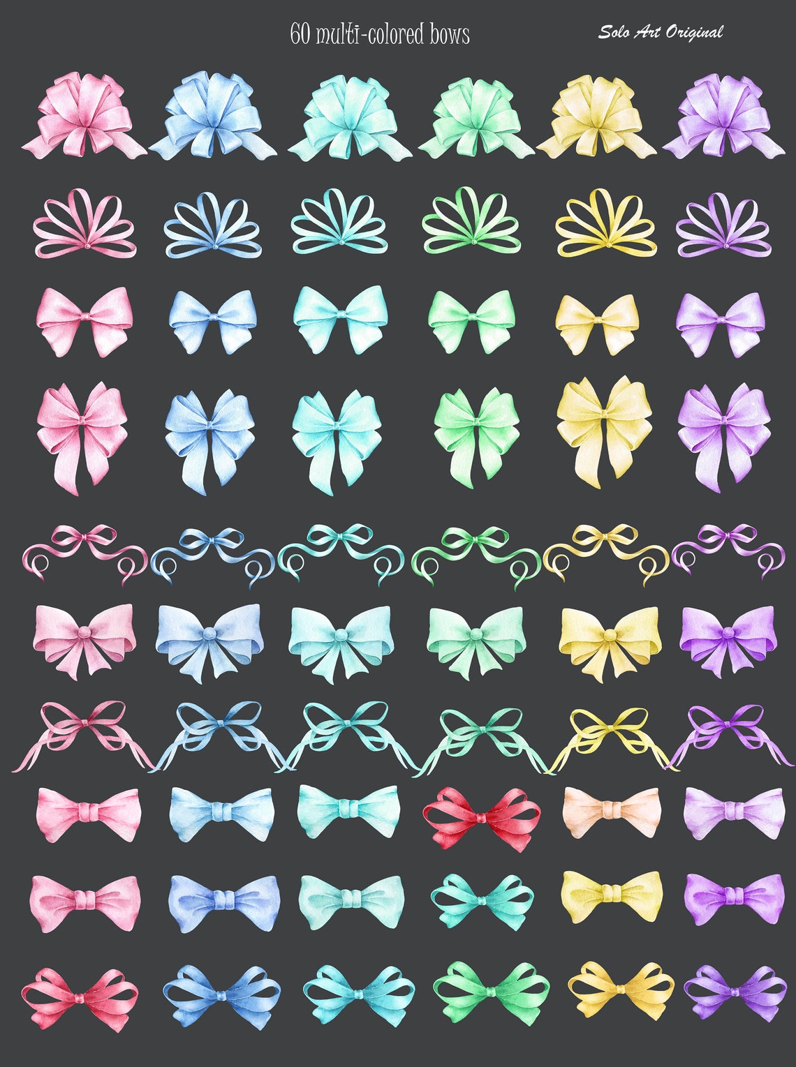 Multi-colored Bows Clipart Set Watercolor Individual Elements - Etsy