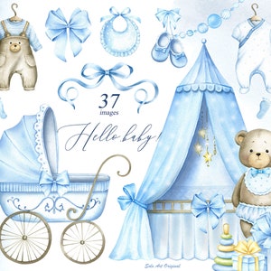 Baby-Dusche Teddy Blau Kinderzimmer niedliche Tiere PNG Baby Bär Floral Clipart Baby Neugeborene Aquarell Malerei Grün Grußkarte