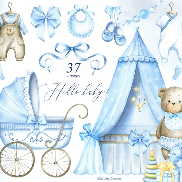 Baby boy shower Teddy Blue Nursery Cute animals PNG Little bear Floral Clipart  Baby newborn Watercolor painting Greenery Greeting card