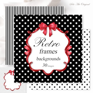 May include: A selection of retro-style backgrounds and frames. The central image displays a black and white polka dot pattern with a red ribbon frame and the text "Retro frames backgrounds 30 images". Other patterns include black and white stripes and polka dots.