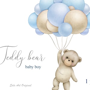 Ours en peluche Clipart montgolfières Shower de bébé garçon bleu Clipart bébés animaux nouveau-né PNG aquarelle carte de voeux Scrapbooking