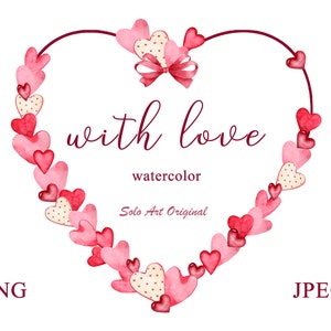 San Valentino Amore Clipart Cornice Cuori Rossi PNG JPEG Acquerello Corona Cuori Fiocco Clip art Amore Invito Biglietto di auguri Scrapbooking