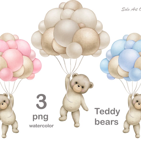 Ours en peluche PNG ballons Clipart Bébé garçon, bébé fille, pastel douche neutre Bébés animaux PNG Aquarelle peinture Carte de vœux Scrapbooking