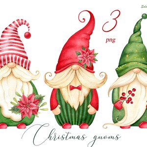 Gnomos de Natal fofos, gnomo de desenho animado, clipart PNG, personagens fofinhos, azevinho festivo, buquê floral de Natal, visco, clipart aquarela