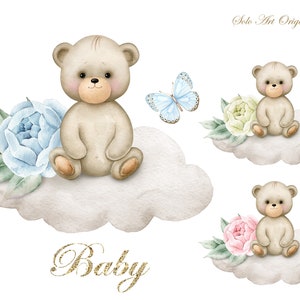 Teddybeer Babyshower neutraal roze blauw bloemen Clipart babyjongen, babymeisje pasgeboren baby, aquarel schilderij illustraties wenskaart