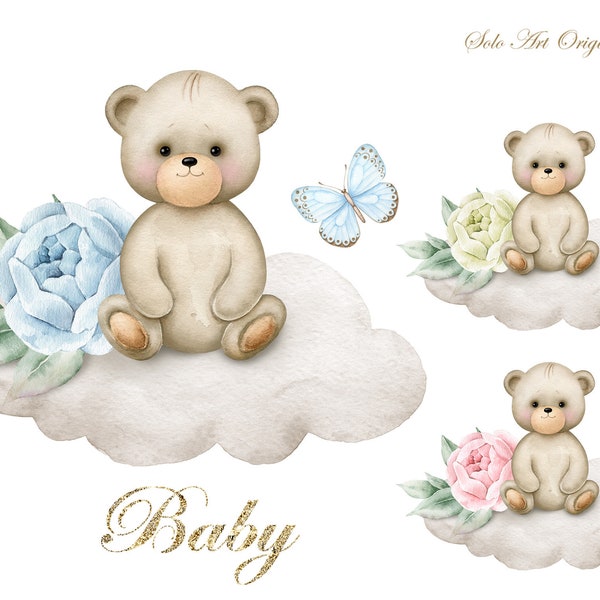 Teddybeer Baby douche neutraal Roze Blauw Bloemen Clipart Baby jongen, Baby meisje pasgeboren PNG Aquarel schilderij Clip art Wenskaart