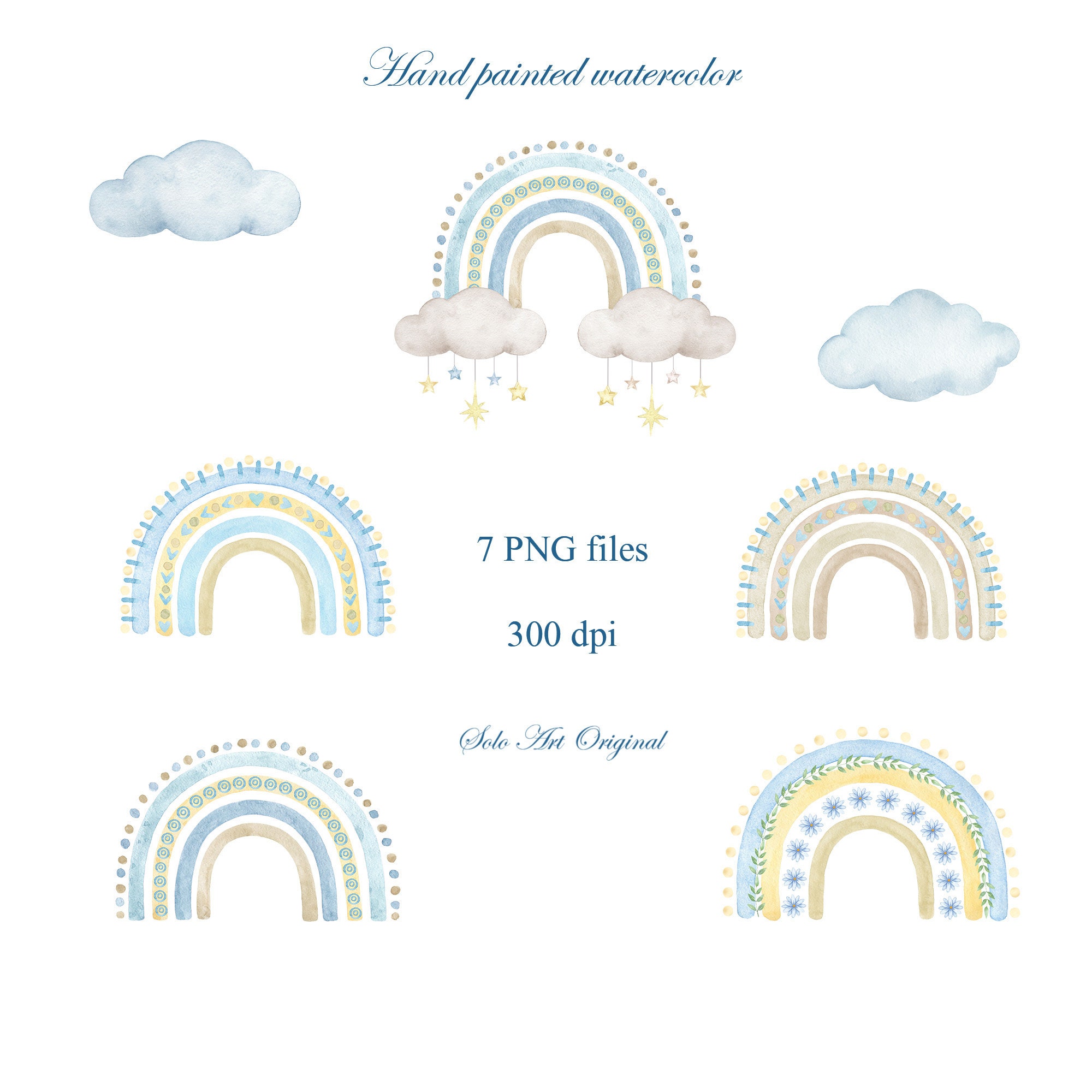 Rainbow Baby Boy Shower Blue Clouds Clipart Newborn PNG Watercolor ...