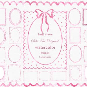 Op de afbeelding: Een verzameling handgetekende aquarel frames en achtergronden in verschillende vormen, waaronder ovale, rechthoekige en geschulpte randen. Het ontwerp is in roze tinten, met de tekst "hand drawn Solo Art Original watercolor frames backgrounds".