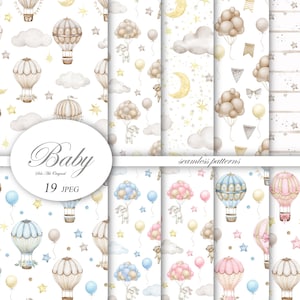 Orsacchiotto di peluche, carta digitale con motivi senza soluzione di continuità, mongolfiere, simpatici animali. Sfondo acquerello per baby shower, scrapbooking, bambino neutro.