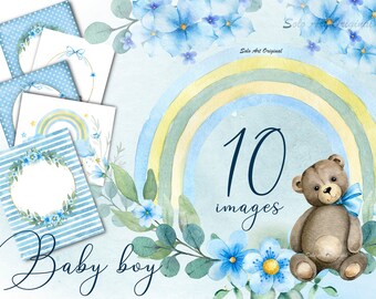 Baby boy shower Clipart invitations Little bear Baby boy PNG  JPEG Watercolor Clip art Greeting card Scrapbooking