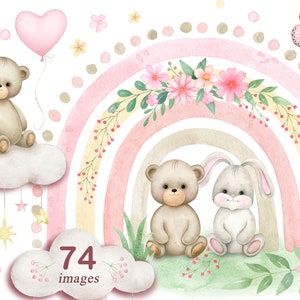 Teddybär Baby Mädchen Dusche Häschen Regenbogen rosa Blumen Clipart Baby Neugeborene PNG Aquarell Malerei Clip Art Grußkarte