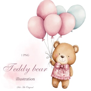 Teddy bear Baby girl shower invite Clipart air balloons Pink Baby newborn PNG Watercolor painting Clip art Greeting card Scrapbook