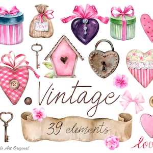 Vintage Herzen Clipart Valentinstag Geschenkbox Alte Textilherzen englisch home rustikale Schloss Schlüssel Banner Aquarell Hochzeitseinladungen
