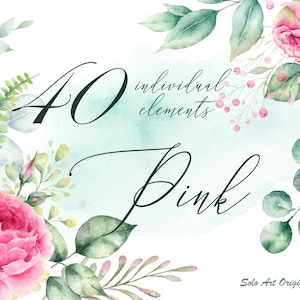 Floral Clipart set Aquarell Rosa Rose Blumen Eukalyptus Blätter Einzelne Elemente PNG Hochzeitseinladung Grußkarte Scrapbooking