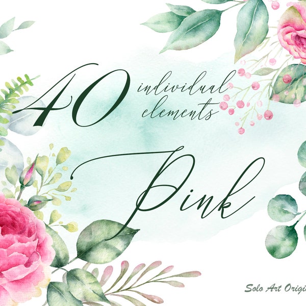 Floral Clipart set Watercolor Pink rose flowers Eucalyptus leaves Individual Elements PNG Wedding invitation Greeting card Scrapbooking