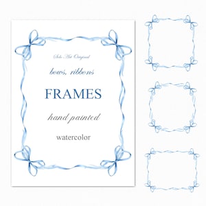 Watercolor Blue Bows Ribbons frame border baby shower Holiday Digital Clipart Baby boy Birthday Gifts Design Card  Sublimation Png Vintage