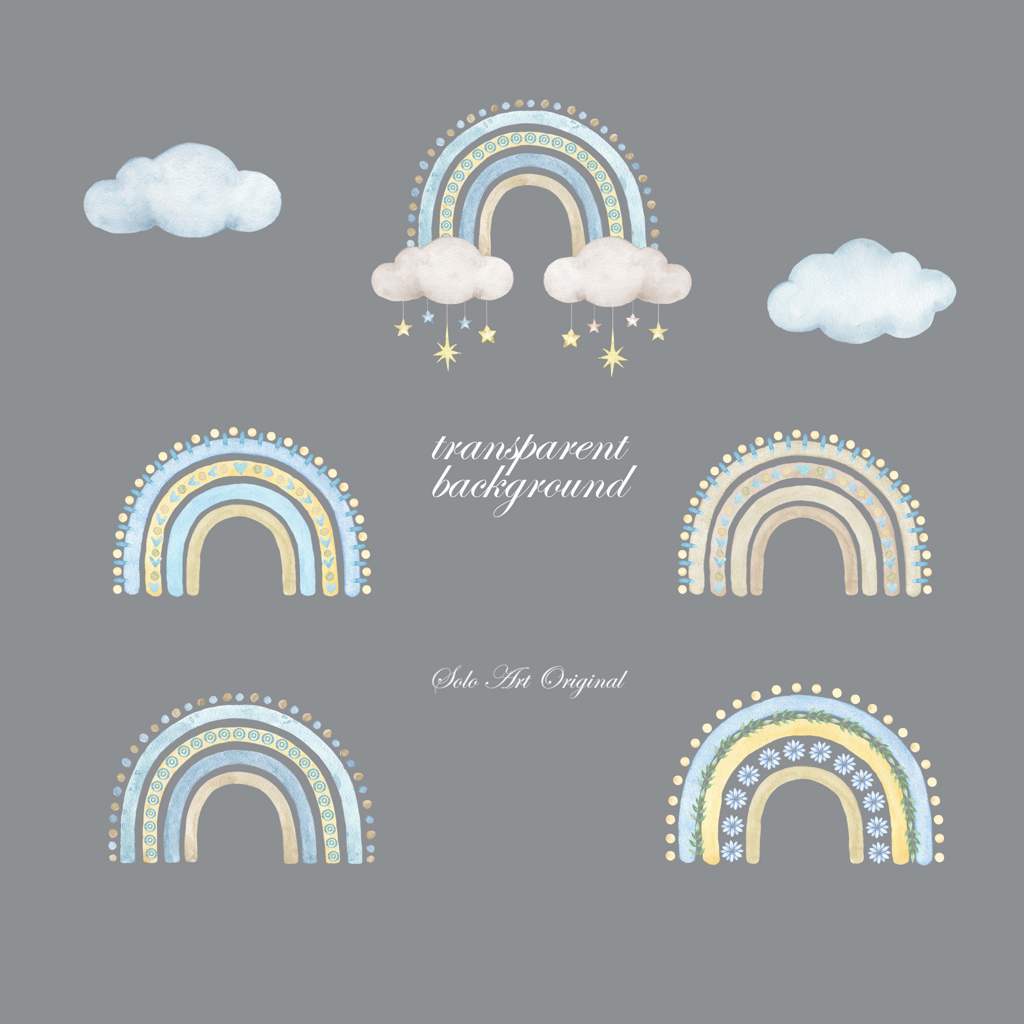 Rainbow Baby Boy Shower Blue Clouds Clipart Newborn PNG Watercolor ...