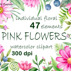 Ensemble de cliparts floraux aquarelle fleurs sauvages roses éléments individuels feuilles fleurs Clip art faire-part de mariage carte de voeux Scrapbooking