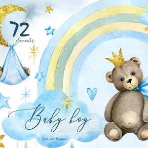 Teddybär-Baby-Dusche Clipart kleiner Bär Baby Junge PNG Aquarell Clip Art Grußkarte Scrapbooking