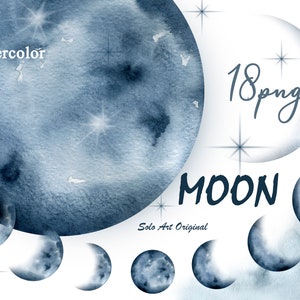 Mondphasen Kosmischer Mond Clip Art Aquarell Blauer Mond Astrologie Galaxie einzelne Elemente Vollmond Neumond Mondfinsternis