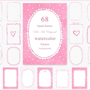 May include: A collection of 68 hand-drawn watercolor frames and backgrounds in shades of pink. The image features various frame shapes, including rectangles, ovals, and scalloped edges, with decorative elements like hearts and bows. The central frame displays the number 68.